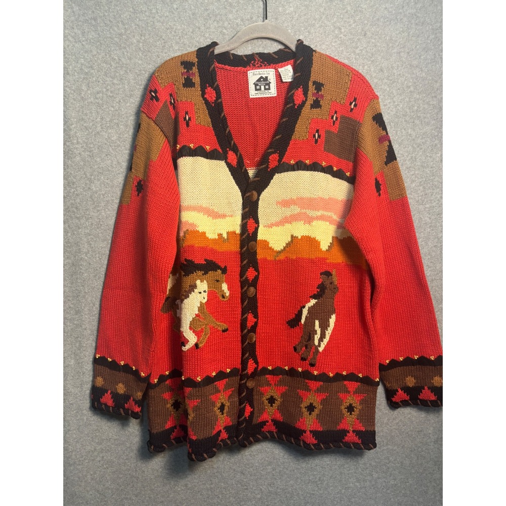 Storybook Knits Horse Cardigan Large Southwestern Western Ranch Cowgirl VTG